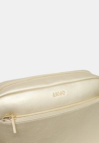 Borsa in ecopelle dorata con superficie testurizzata, dotata di una cerniera dorata e di un logo inciso discreto. Forma rettangolare, design elegante.