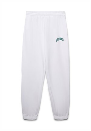 Pantaloni sportivi bianchi con vita elasticizzata e polsini elastici. Presentano la scritta "SANTA MONICA" ricamata in turchese sul lato sinistro. Tessuto morbido.