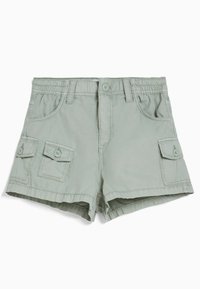Ljust gröna bomullsshorts med elastisk midja, två framfickor och två sidofickor med knäppning.