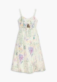 Robe en lin à motif floral aux couleurs pastel avec fines bretelles, une découpe en forme de goutte et des détails froncés au niveau de la poitrine et de la taille.