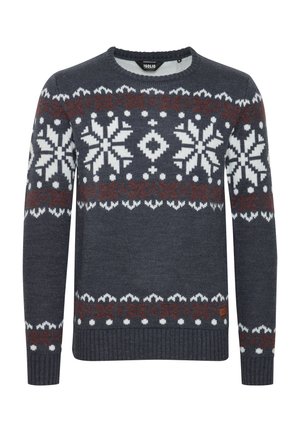 Pletena dukserica napravljena od tamnosive tkanine sa bijelim uzorcima snježnih pahulja i geometrijskim oblicima, s rebrastim rubovima i manžetama te okruglim izrezom.