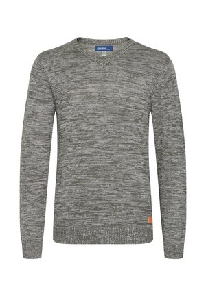 Grauer Strickpullover mit Rundhalsausschnitt, langen Ärmeln und strukturiertem Muster. Verfügt über ein dezentes Logotag an der unteren Seite. Weicher Stoff.