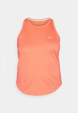 Nike tílko v jasně korálové barvě, s vysokým výstřihem, bez rukávů a jemnými postranními švy. Na hrudi tištěné logo.