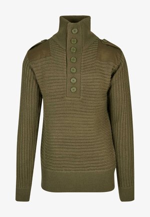 Maglione lavorato a maglia verde oliva con colletto alto, patta con sette bottoni e toppe sulle spalle. Tessuto strutturato con polsini e orlo a coste.