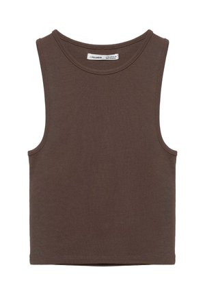 Krótki top bez rękawów w ciemnym brązie z okrągłym dekoltem i widocznym przeszyciem wokół pach i brzegu.