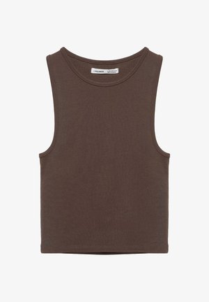 Krótki top bez rękawów w ciemnym brązie z okrągłym dekoltem i widocznym przeszyciem wokół pach i brzegu.