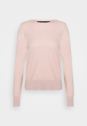 Pull rose clair à manches longues et col rond avec poignets et ourlet côtelés, présenté sur un fond blanc uni.