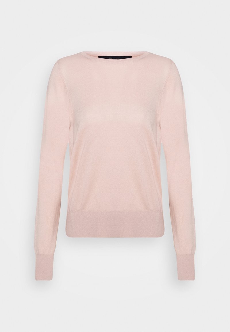 Pull rose clair à manches longues et col rond avec poignets et ourlet côtelés, présenté sur un fond blanc uni.