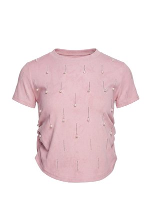 Light pink short-sleeve t-shirt decorated with vertical rows of pearls and small rhinestones evenly spaced across the front and sleeves.