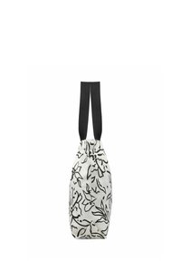 Torba płócienna z florystycznym czarno-białym wzorem, z czarnymi paskami z tkaniny i stożkowym kształtem, wykończona ściągniętym dnem.