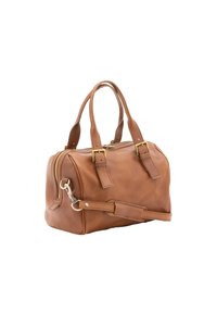 Borsa a mano in pelle marrone con doppio manico superiore, tracolla rimovibile e hardware in argento. Presenta dettagli cuciti e una chiusura con zip.