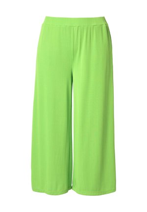 Luźne spodnie o szerokich nogawkach w limonkowym kolorze, dzianina prążkowana, z elastycznym pasem, długość do kostek.