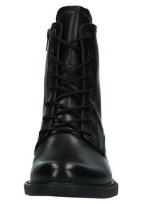 Zwarte leren enkelboot met een ronde neus, vetersluiting aan de voorkant en een rits aan de zijkant. Glad textuur en minimale stiksels. Rubberen zool.