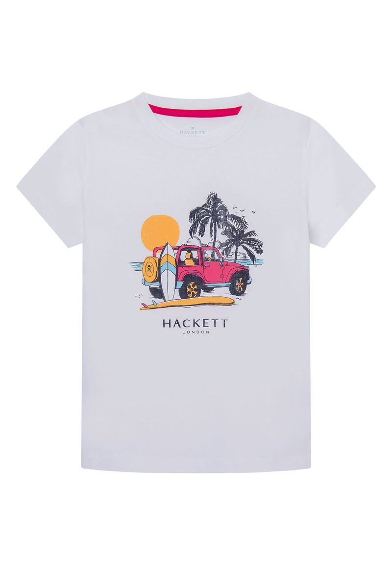 Camiseta de algodón blanca con un gráfico de un jeep rosa, una tabla de surf y palmeras contra un sol amarillo, con "HACKETT LONDON" impreso debajo.