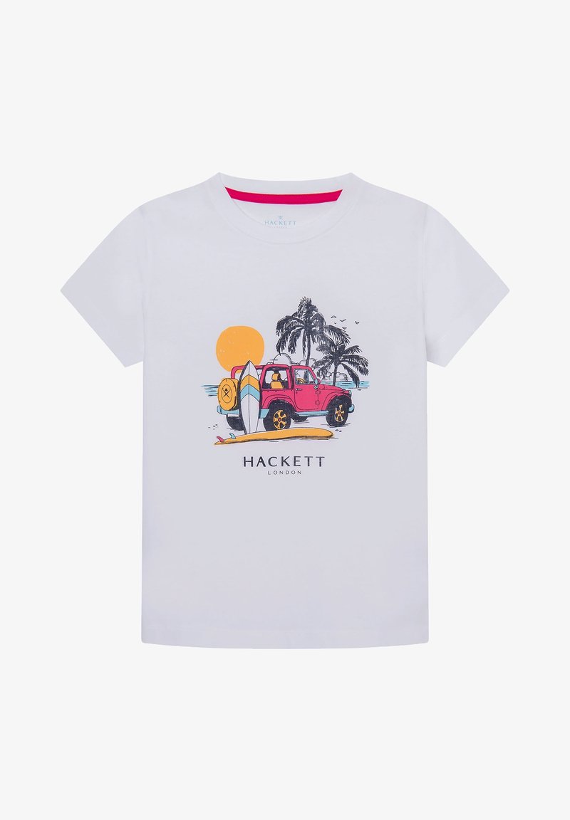 Camiseta de algodón blanca con un gráfico de un jeep rosa, una tabla de surf y palmeras contra un sol amarillo, con "HACKETT LONDON" impreso debajo.