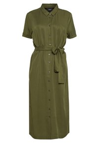 Olivgrünes, kurzärmliges, knöpfbares Kleid mit einem Gürtel, mit geradem Schnitt und glattem Stoff. Beinhaltet einen Kragen und Knopfdetails.