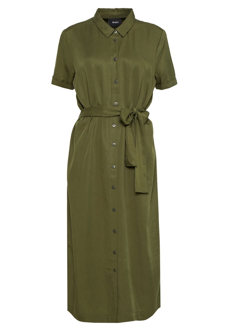 Olivgrünes, kurzärmliges, knöpfbares Kleid mit einem Gürtel, mit geradem Schnitt und glattem Stoff. Beinhaltet einen Kragen und Knopfdetails.