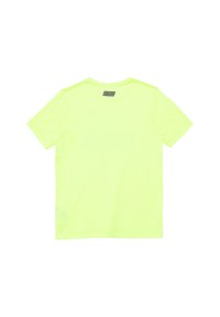Neon gele T-shirt met korte mouwen en een ronde halslijn, voorzien van een logo-label op de achterkant, gemaakt van een gladde, rekbare stof.