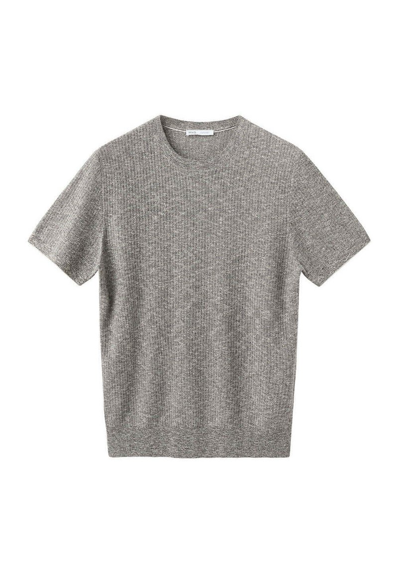 Pull en maille gris à manches courtes, col rond, texture côtelée et ourlet ajusté, présenté à plat sur fond blanc.