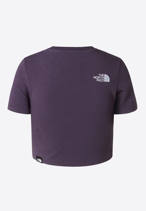 T-shirt corta viola in cotone, con maniche corte, scollo rotondo e logo ricamato bianco sul retro vicino al collo.