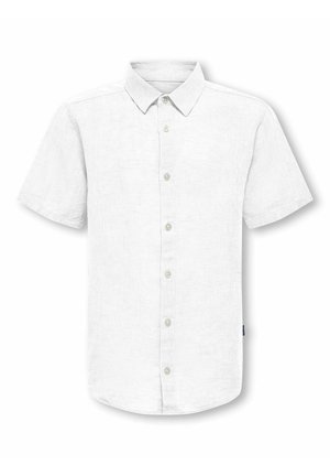 Hvit kortermet skjorte med knapper foran, spiss krage, og seks knapper foran, vist mot en ensfarget bakgrunn.