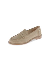 Mocassino in suede beige con punta rotonda e cuciture decorative, caratterizzato da una piccola fascia sul davanti e un tacco di legno.