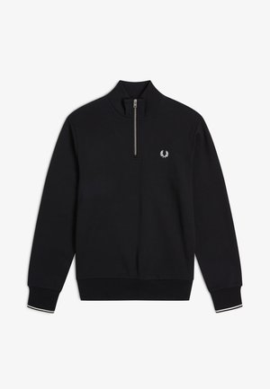 Sudadera negra de manga larga con cuello de cremallera hasta un cuarto, logo de corona de laurel blanca en el pecho y puños acanalados con finas rayas blancas.