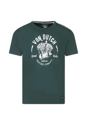 T-shirt en coton vert foncé avec un graphisme blanc représentant une moto vintage et le texte "VON DUTCH Speed Rules California Motors Concept."