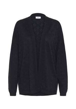 Juodas atviras mezginys su nuleistais pečiais, plačiu raištiniu apykakle ir rankogaliais, su deimanto raštu visame audinyje.