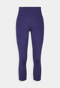 Fioletowe legginsy capri z szerokim pasem, gładką teksturą i bocznymi kieszeniami. Wykonane z elastycznego materiału dla komfortu i swobody ruchów.