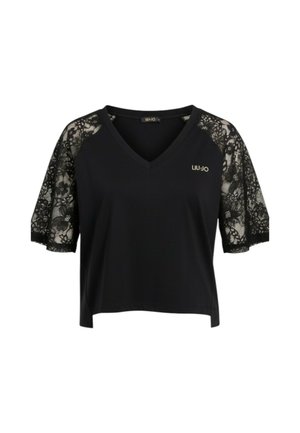 Maglietta nera con scollo a V e maniche corte con maniche in pizzo floreale e logo dorato "LIU JO" sul petto sinistro.