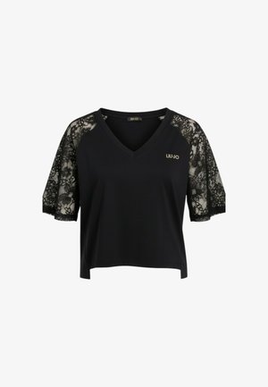 Maglietta nera con scollo a V e maniche corte con maniche in pizzo floreale e logo dorato "LIU JO" sul petto sinistro.