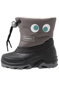 Botte imperméable grise avec une doublure en peluche, présentant de grands yeux blancs et turquoise. Elle a une semelle en caoutchouc noire et une fermeture à cordon de serrage.