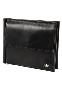 Black leather wallet with a fold-over flap, stitched detailing, and a small metal logo accent on the front. Compact design with multiple compartments.
