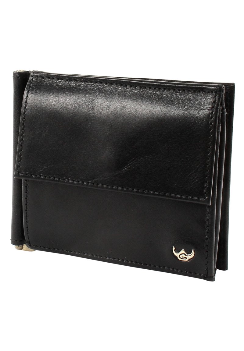Black leather wallet with a fold-over flap, stitched detailing, and a small metal logo accent on the front. Compact design with multiple compartments.