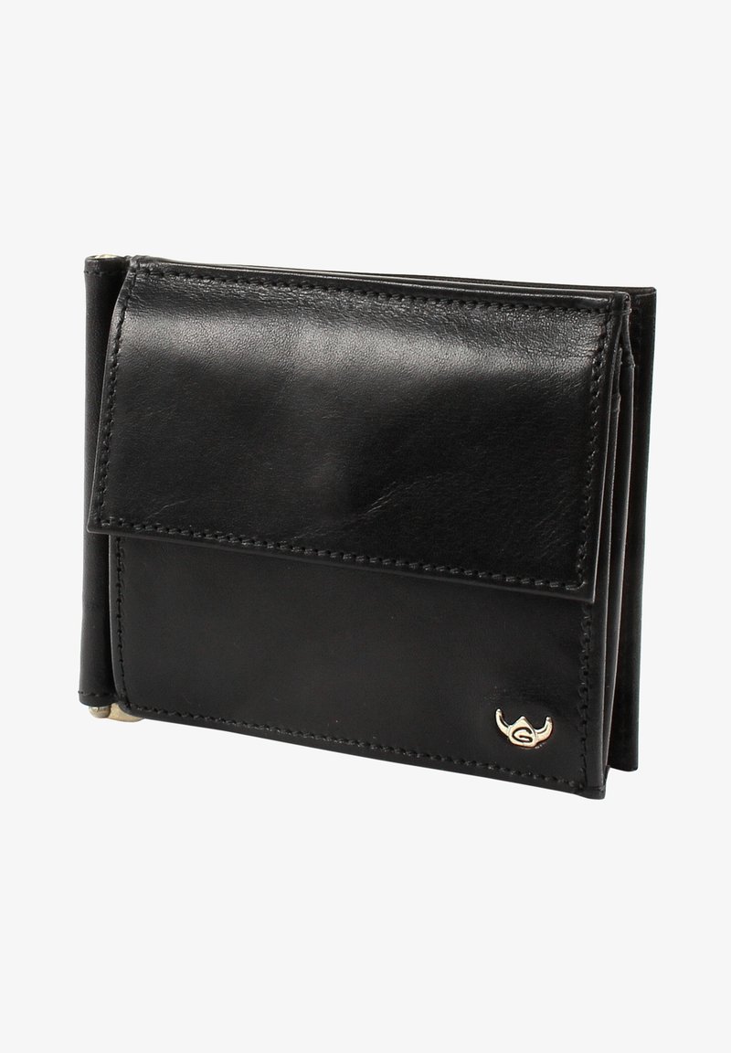 Schwarzes Lederportemonnaie mit umklappbarem Deckel, gesteppten Details und einem kleinen Metall-Logo-Akzent auf der Vorderseite. Kompaktes Design mit mehreren Fächern.