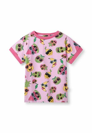 Kinder-T-Shirt mit kurzen Ärmeln in Rosa, verziert mit einem Muster aus bunten, cartoonartigen Früchtegesichtern, die Sonnenbrillen tragen.