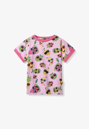 Maglietta rosa a maniche corte per bambini con motivo di volti di frutti dei cartoni animati colorati che indossano occhiali da sole.