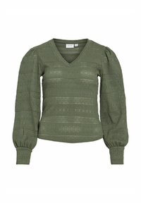 Haut vert texturé avec un décolleté en V, de longues manches bouffantes et des accents côtelés. Fabriqué en matériau léger et extensible.