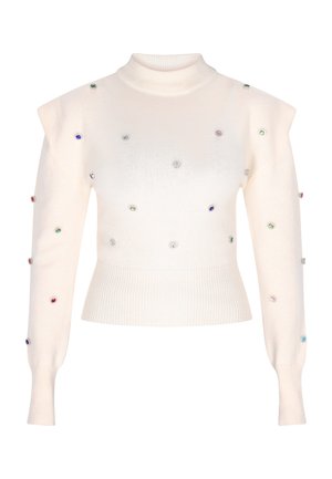 Cremefarvet strikket sweater med høj krave, puffede skuldre og udsmykket med farverige juvel-lignende detaljer på forsiden og ærmerne.