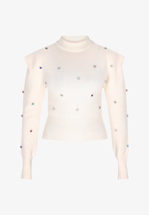 Cremfarbener Strickpullover mit hohem Kragen, auffälligen Schultern und verziert mit farbenfrohen, juwelenartigen Akzenten an der Vorderseite und den Ärmeln.