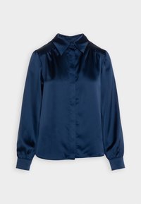 Mørkeblå satin bluse med lange ærmer, spids krave, knaplukninger ved håndleddene og skjulte frontknapper.