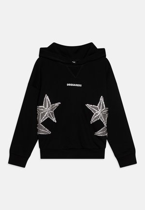 Black hoodie featuring a front logo, embellished silver star patterns on pockets, and a relaxed fit with a drawstring hood.