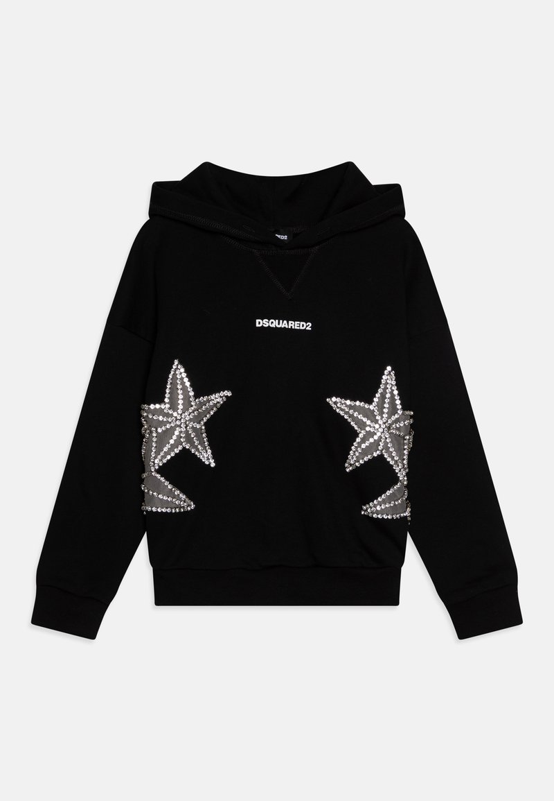 Schwarze Kapuzenjacke mit einem Logo auf der Vorderseite, verzierten silbernen Sternmustern an den Taschen und einem lässigen Schnitt mit einer Kordelzugkapuze.
