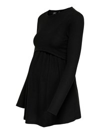 Haut de maternité noir à manches longues avec tissu côtelé, taille empire et buste supérieur ajusté, s'évasant sous la poitrine.