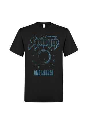 Sort t-shirt med et grafisk motiv af en volumenknap med tal fra 2 til 11 og teksten "Spinal Tap" i blåt, sat mod en sort stofbaggrund.