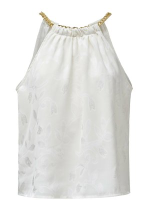 White sleeveless top with a gathered neckline and gold chain accents. Features a subtle floral pattern in a textured fabric.