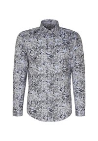 Langemouw shirt met een lichtblauwe stof met een zwart-wit bloemenpatroon, knoopsluiting kraag en een gebogen zoom.