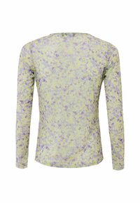 Dlouhý rukáv, světle fialový top s květinovým vzorem ve žluté barvě, vyrobený z měkké tkaniny se kulatým výstřihem a slim fit střihem.