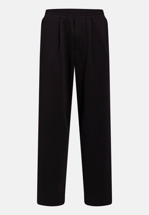 Μαύρο παντελόνι με ίσια γραμμή, ελαστική μέση και πιέτες μπροστά, σχεδιασμένο για άνετη εφαρμογή και άνετη χρήση.